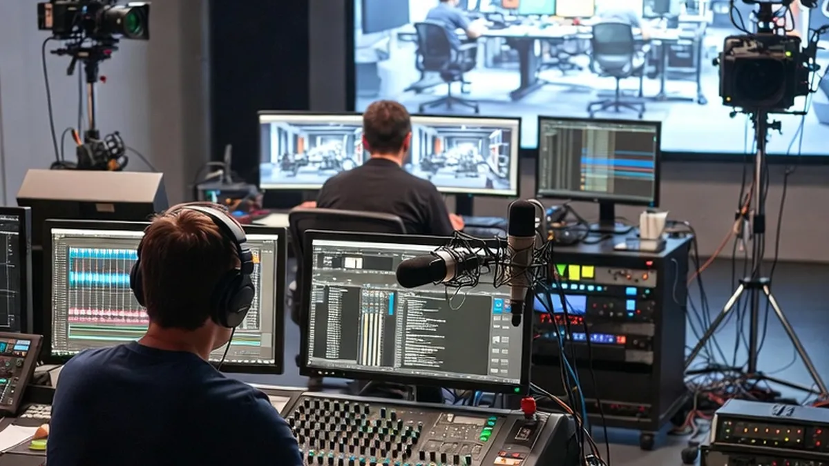Sala de control de producción audiovisual con IA transformando video: monitores 4K, consola de mezclas inteligente y equipos profesionales de edición